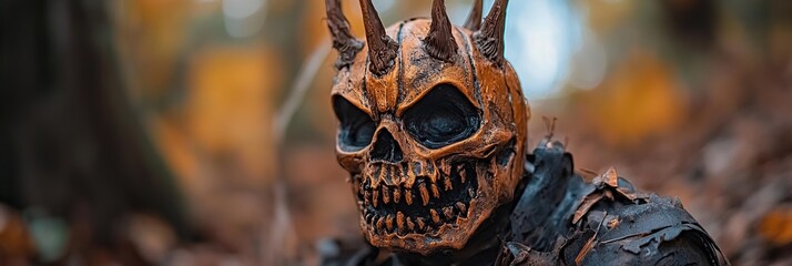 Poster -  A tight shot of a skull adorned with horns and donning a helmet