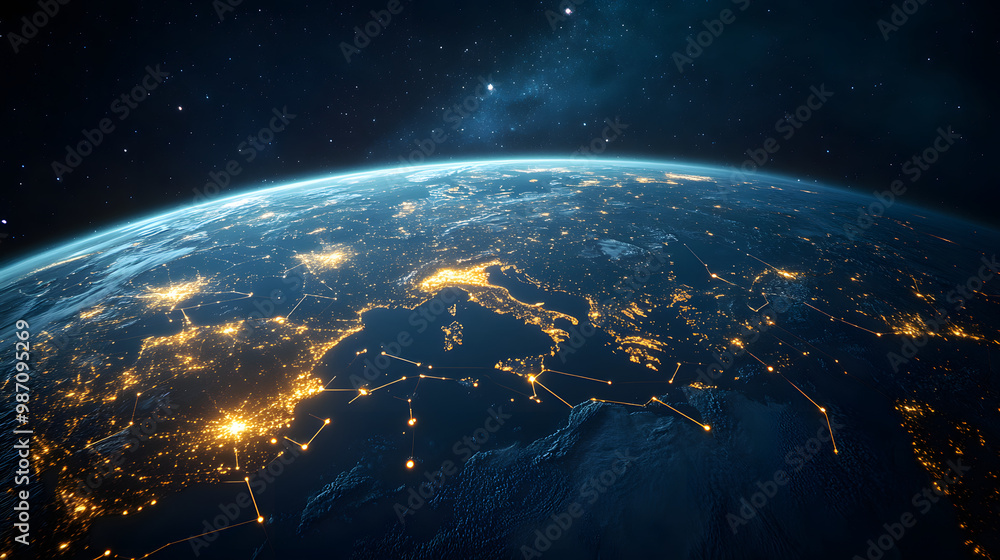 Digital world map planet Earth space global globe sky space 5G wireless ...