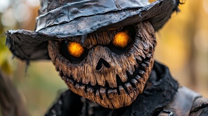 Poster -  A tight shot of a scarecrow statue with glowing eyes and a hat atop its head