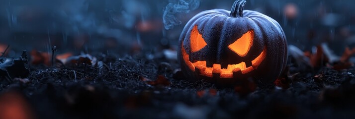  A jack-o-lantern pumpkin sits in a field of grass, amidst falling rain