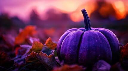 Canvas Print -  A tight shot of a purple pumpkin amidst a sea of autumn leaves In the backdrop, a setting sun