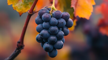 Sticker -  A tight shot of grapes bunched together on a vine, surrounded by leaves Background subtly blurred