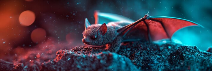 Wall Mural -  A tight shot of a bat perched on a rock, background softly blurred, lights faintly bokeh-ed in the distance