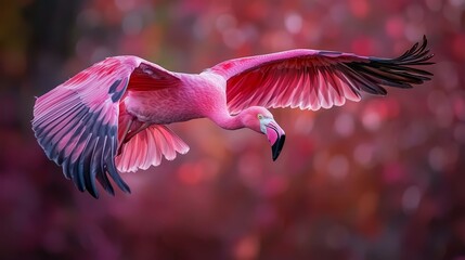 Wall Mural -  A pink flamingo flying, wings spread out