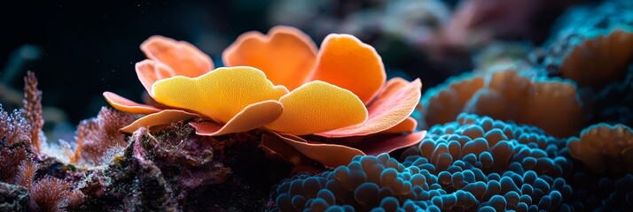 Poster -  A tight shot of a solitary sea anemone against a coral backdrop, surrounded by other anemones in the depths