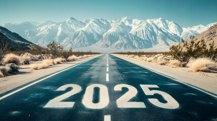 straight open road snow-capped mountains clear sky year moving 2025 landscape journey passing symbolizing future concept migrate pass celebration new year eve holiday festive festival