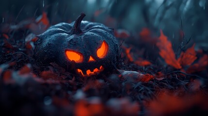 Poster -  A Halloween pumpkin, its eyes aglow, sits solitarily in a field of waving grass Autumnal leaves dot the foreground