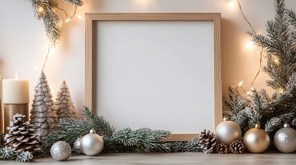 Christmas mockup: empty photo frame with holiday decor like baubles, pine branches, and lights, perfect for seasonal promotions.