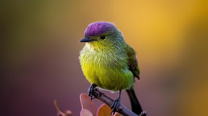 Wall Mural -  A small green bird with a purple head perches on a branch, surrounded by pink flowers Background softly blurred