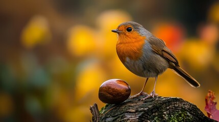 Poster -  A bird perches atop a wood piece, adjacent to an acorn atop a tree stump