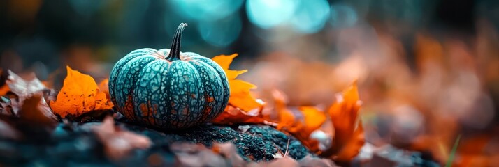 Wall Mural -  A blue-green pumpkin atop a stack of orange and green leaves on a rock