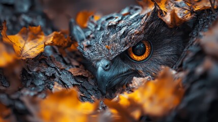 Wall Mural -  A tight shot of an owl's face emerging from tree branch, adorned with yellow leaves