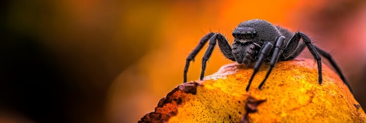 Wall Mural -  A tight shot of a spider atop a yellow fruit, with a backdrop of indistinct blur