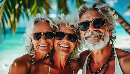 Wall Mural - Joyful moments of a mature couple enjoying love and togetherness on a sun-kissed tropical beach