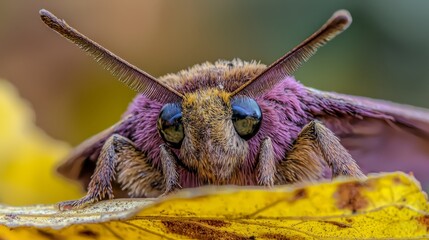 Canvas Print -  A tight shot of a purple-black insect on a yellow leaf, its wings fully unfurled