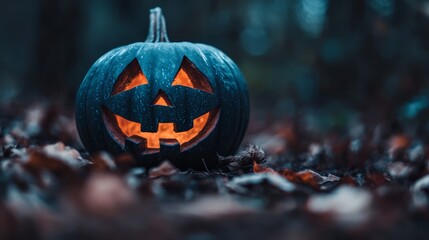 Poster -  A jack-o-lantern pumpkin glows in the dark, surrounded by leaves on the ground