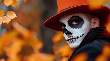 Wall Mural -  A tight shot of someone donning a skull-painted face and a red-hatted costume, framed against a tree-studded backdrop