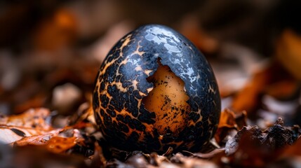 Sticker -  A brown and black egg sits atop a mound of leaf-covered ground, near another identical one