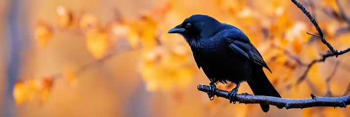 Wall Mural -  A black bird perches on a branch before a tree, its leaves yellow and orange