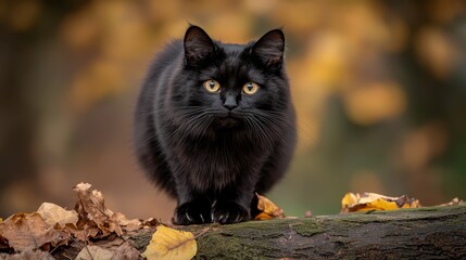 Wall Mural -  A black cat atop a tree branch against a hazy backdrop of leaves and a downed tree