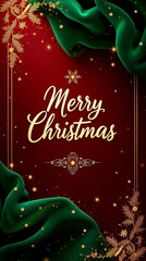 Wall Mural - This festive banner showcases the phrase Merry Christmas in elegant gold lettering, surrounded by deep red and emerald green tones, creating a warm holiday atmosphere