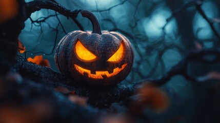  A carved jack-o-lantern perches on a tree branch in a spooky forest