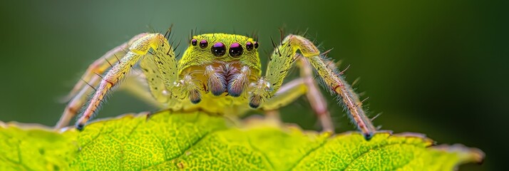 Sticker -  A tight shot of a green spider on a verdant leaf, background softly blurred