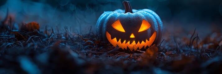  A glowing Jack-o-lantern pumpkin sits in the grass, its scary face aglow with light