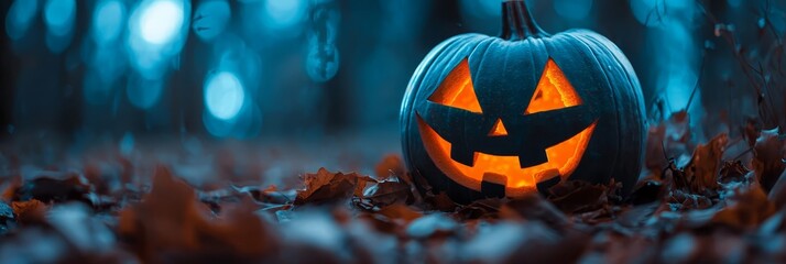 Poster -  A carved jack-o-lantern rests in a leafy setting amidst trees in the background