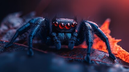 Canvas Print -  A tight shot of a blue jumping spider atop a leaf, with a red spotlight illuminating its eyes