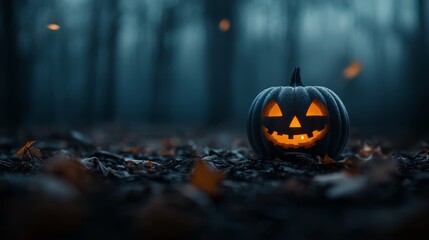 Canvas Print -  A jack-o-lantern in the forest's heart amidst fallen leaves Another in the foreground