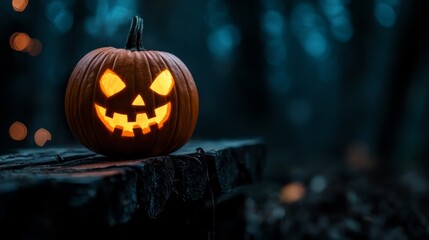 Sticker -  A jack-o-lantern carved from pumpkin sits atop a wooden stump in a forest's heart