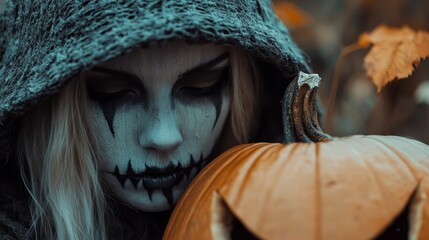 Canvas Print -  A woman in skeleton attire holds a jack-o-lantern and dons a hat