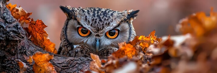 Wall Mural -  A tight shot of an owl perched on a tree branch, surrounded by focusing leaves in the foreground, while the background softly blurs