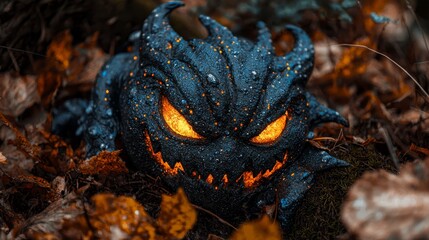 Poster -  A tight shot of a pumpkin, its eyes aglow, nestled amongst a lush field of grasses Leaves carpet the earth around it