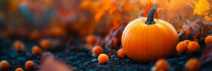 Wall Mural -  A cluster of orange pumpkins sits in the grassy center, surrounded by more orange pumpkins in the background