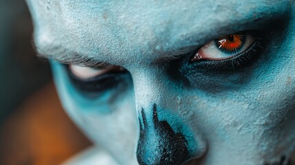 Poster -  A tight shot of a face, adorned with blue makeup Nearby, a cat's visage transformed into a wolf-like appearance through paint