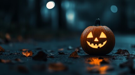 Wall Mural -  A jack-o-lantern pumpkin sits in the darkness of a forest at night