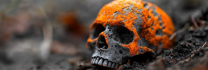 Sticker -  A tight shot of a skull adorned with orange paint on its visage, adjacent lies a black skull on the ground