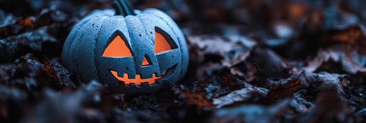 Canvas Print -  A jack-o-lantern pumpkin, its creepy features accentuated, sits atop a mound of leaves