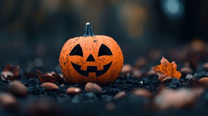 Wall Mural -  A pumpkin featuring a jack-o-lantern face sits atop a stack of pumpkins