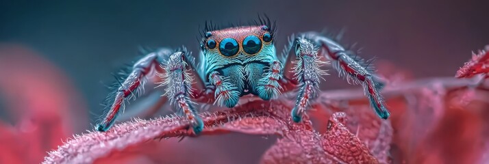 Wall Mural -  A tight shot of a blue jumping spider atop a pink bloom, background softly blurred