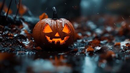 Wall Mural -  A jack-o-lantern pumpkin rests in a mound of leaves on a rainy day