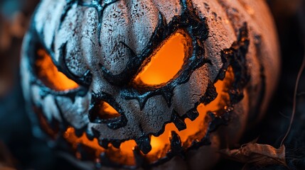 Poster -  Close-up of a jack-o-lantern pumpkin with water beads on its face and eyes