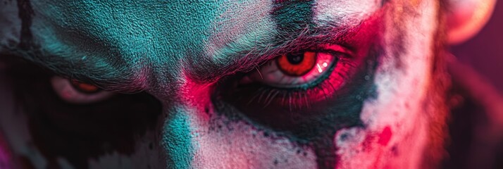 Poster -  A tight shot of a face, smeared with red and green paint, adorned with expressive eye designs