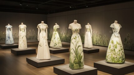 A showcase of elegant dresses displayed in a gallery, highlighting intricate floral designs and artistic craftsmanship.