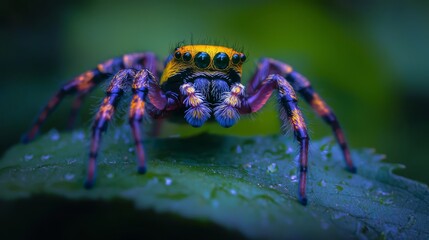 Wall Mural -  A detailed view of a blue-yellow spider on a moist leaf, its legs adorned with droplets of water