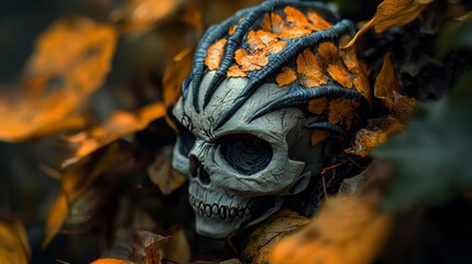 Poster -  A skull adorned with an orange leaf headdress sits amongst a pile of leaves