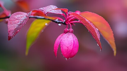 Poster -  A tight shot of a pink bloom on a tree branch, adorned with water beads on its petals, against a softly blurred backdrop