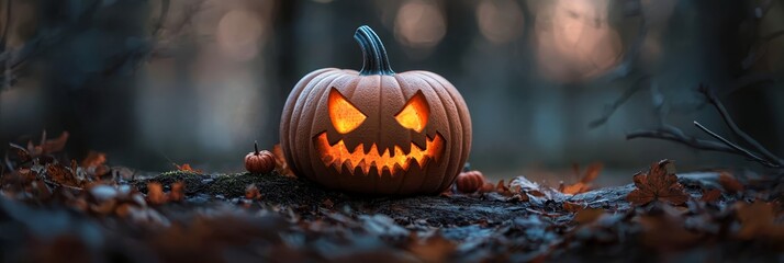 Wall Mural -  A carved pumpkin, labeled jack-o-lantern, rests centrally amidst a forest Leaves blanket the ground beneath, while trees frame the background